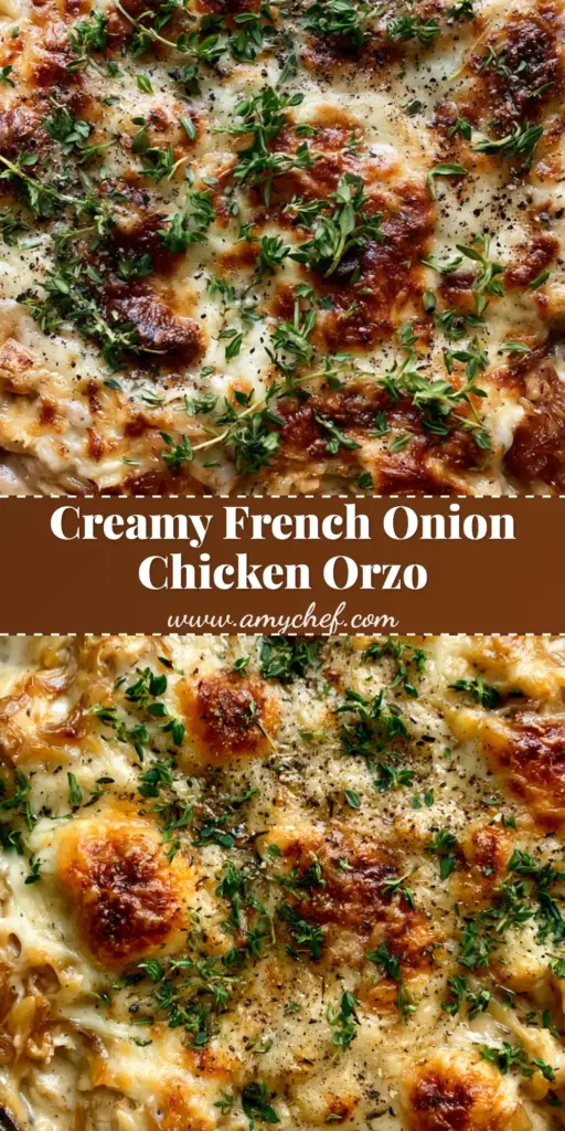 A high-angle shot of French Onion Chicken Orzo Casserole in a cast iron skillet featuring melted Gruyere cheese with charred spots and fresh thyme.