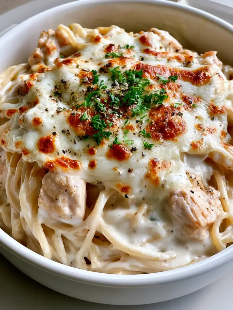 Creamy Chicken Spaghetti served in a white ceramic bowl showing glossy white sauce and tender chicken pieces.