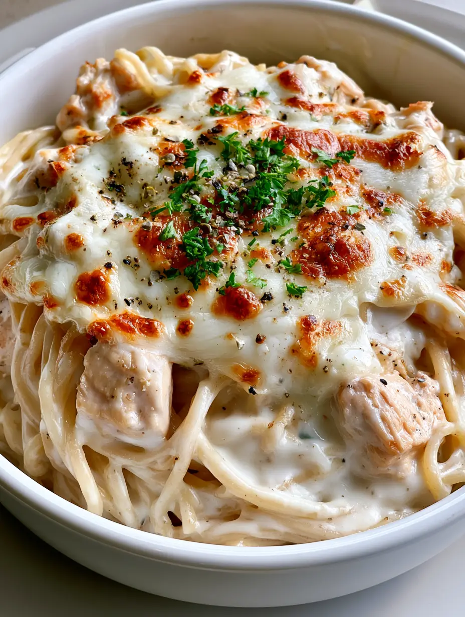 Creamy Chicken Spaghetti served in a white ceramic bowl showing glossy white sauce and tender chicken pieces.