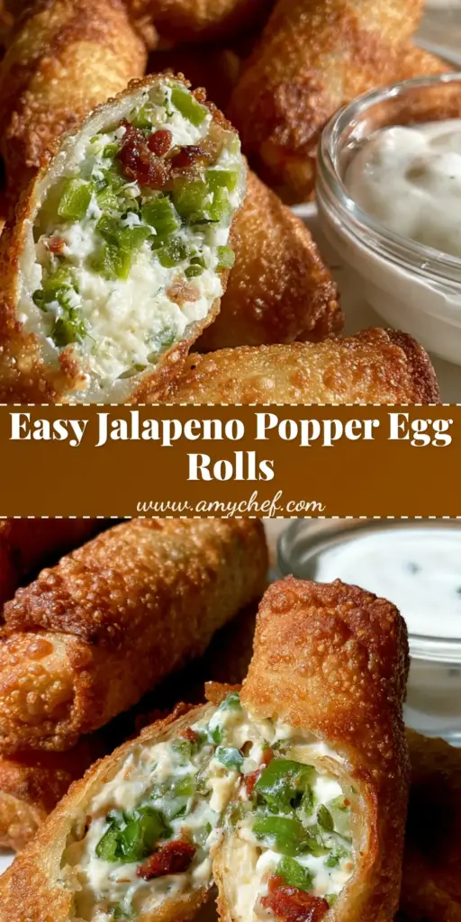 Mini Jalapeno Popper Egg Rolls: The Ultimate Crispy Party Appetizer 4 A platter of golden brown Mini Jalapeno Popper Egg Rolls with one broken open revealing a creamy white filling with green jalapenos and bacon bits.