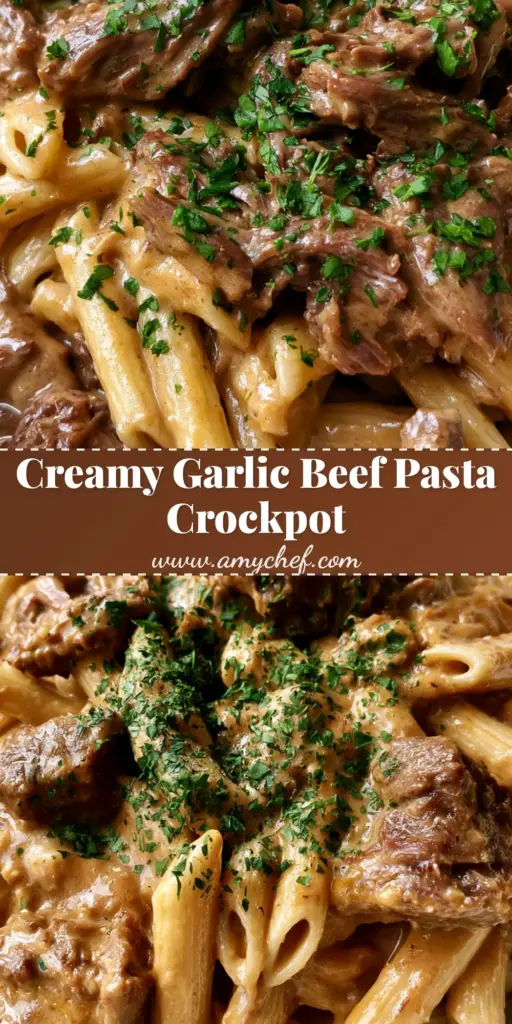A top-down view of a white bowl filled with Slow Cooker Garlic Beef Pasta, featuring tender beef chunks, penne, and fresh parsley garnish.