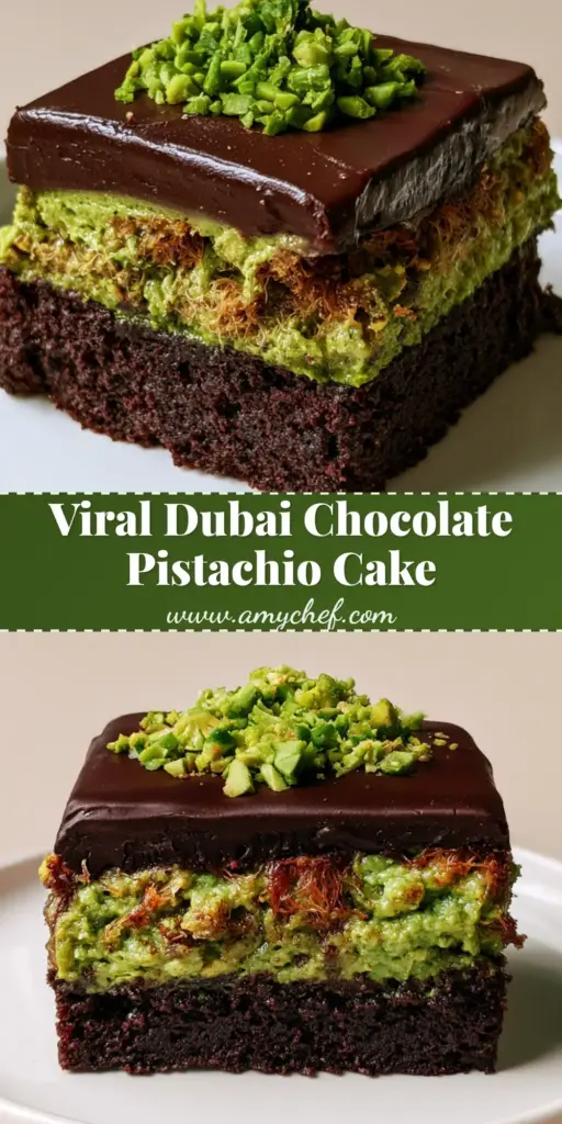 Dubai Chocolate Pistachio Cake: The Ultimate Viral Crunch Cake 4 A tall rectangular slice of Dubai Chocolate Pistachio Cake showing the dark chocolate base, neon green pistachio layer, and ganache topping.