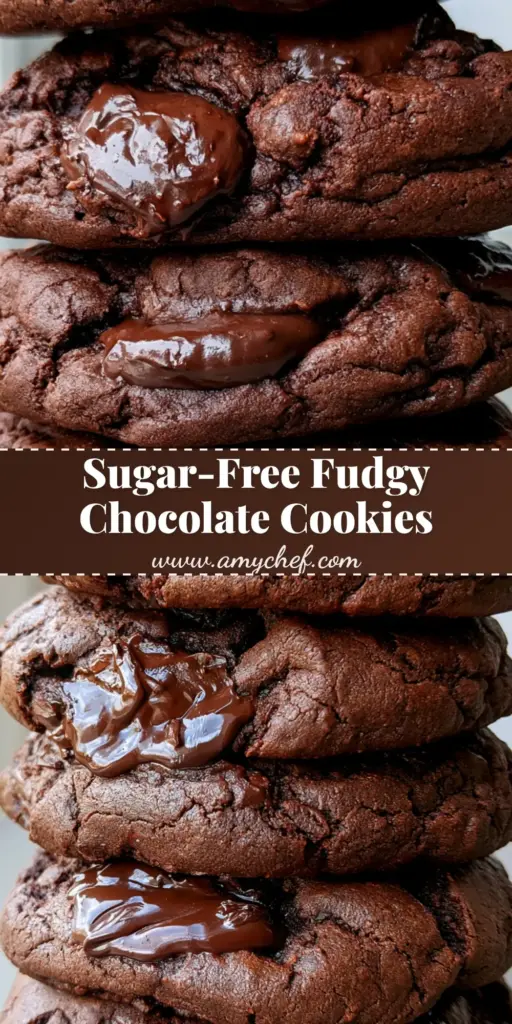 Sugar-Free Chocolate Cookies: Fudgy Dark Chocolate Chunk Recipe 3 A tall stack of four thick Sugar-Free Chocolate Cookies featuring a crinkled cocoa surface and glossy melted dark chocolate chunks on a light-grey background.