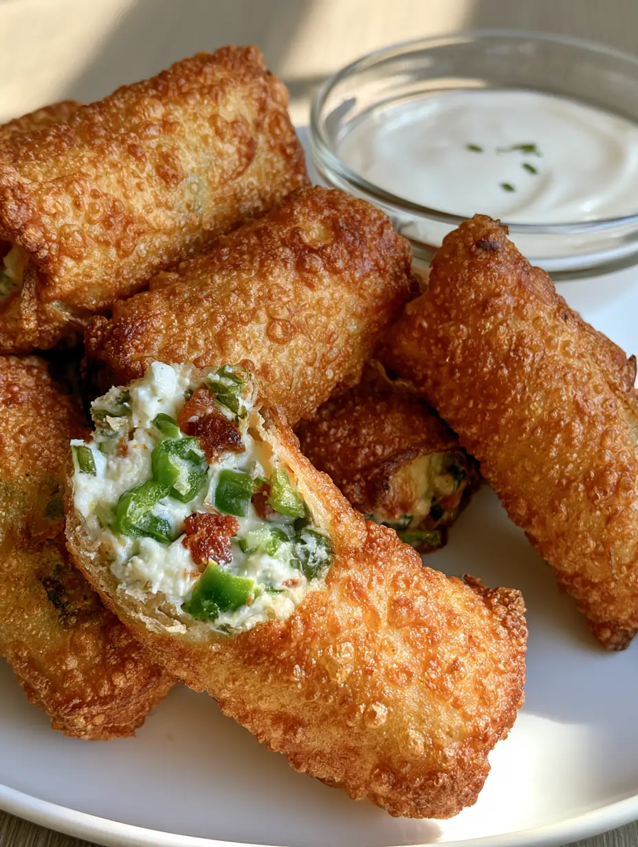 Mini Jalapeno Popper Egg Rolls: The Ultimate Crispy Party Appetizer 3 Smartphone photo of crispy Mini Jalapeno Popper Egg Rolls stacked on a white plate with a side of white dipping sauce.
