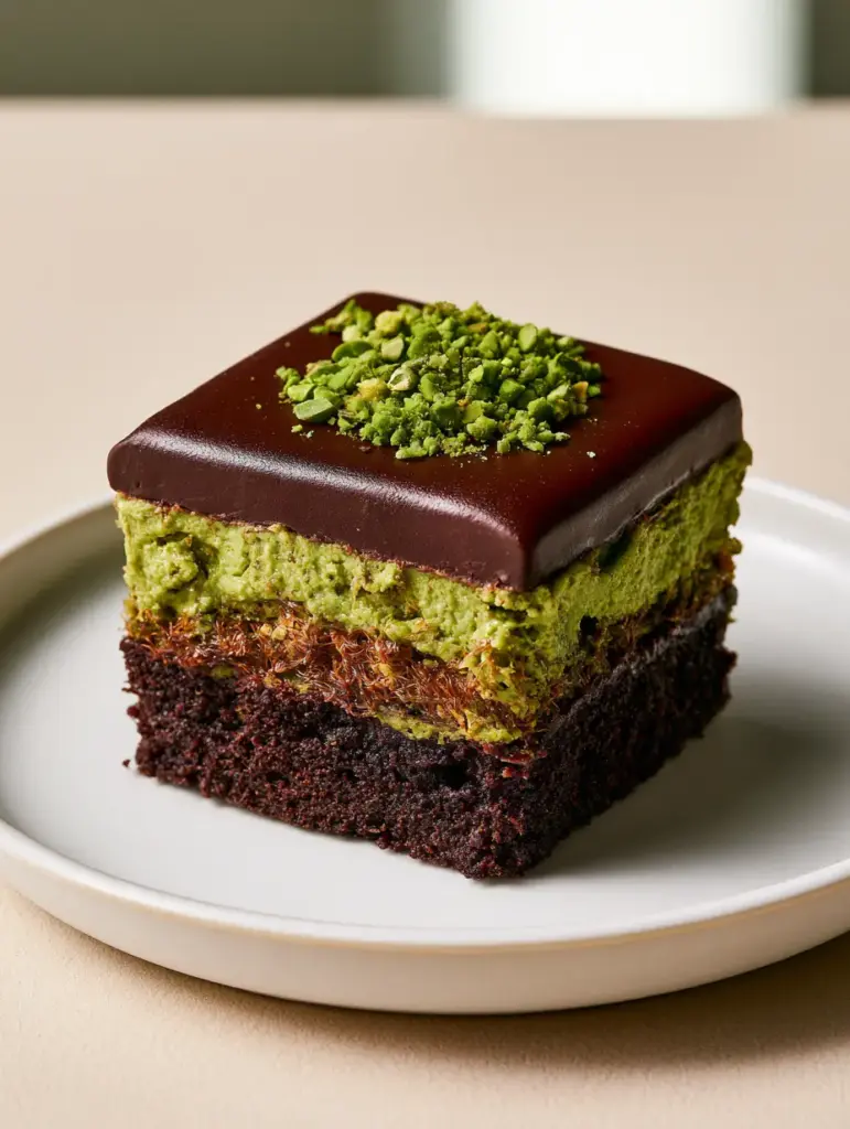 Close-up eye-level view of a slice of Dubai Chocolate Pistachio Cake with visible kunafa strands and pistachio cream.