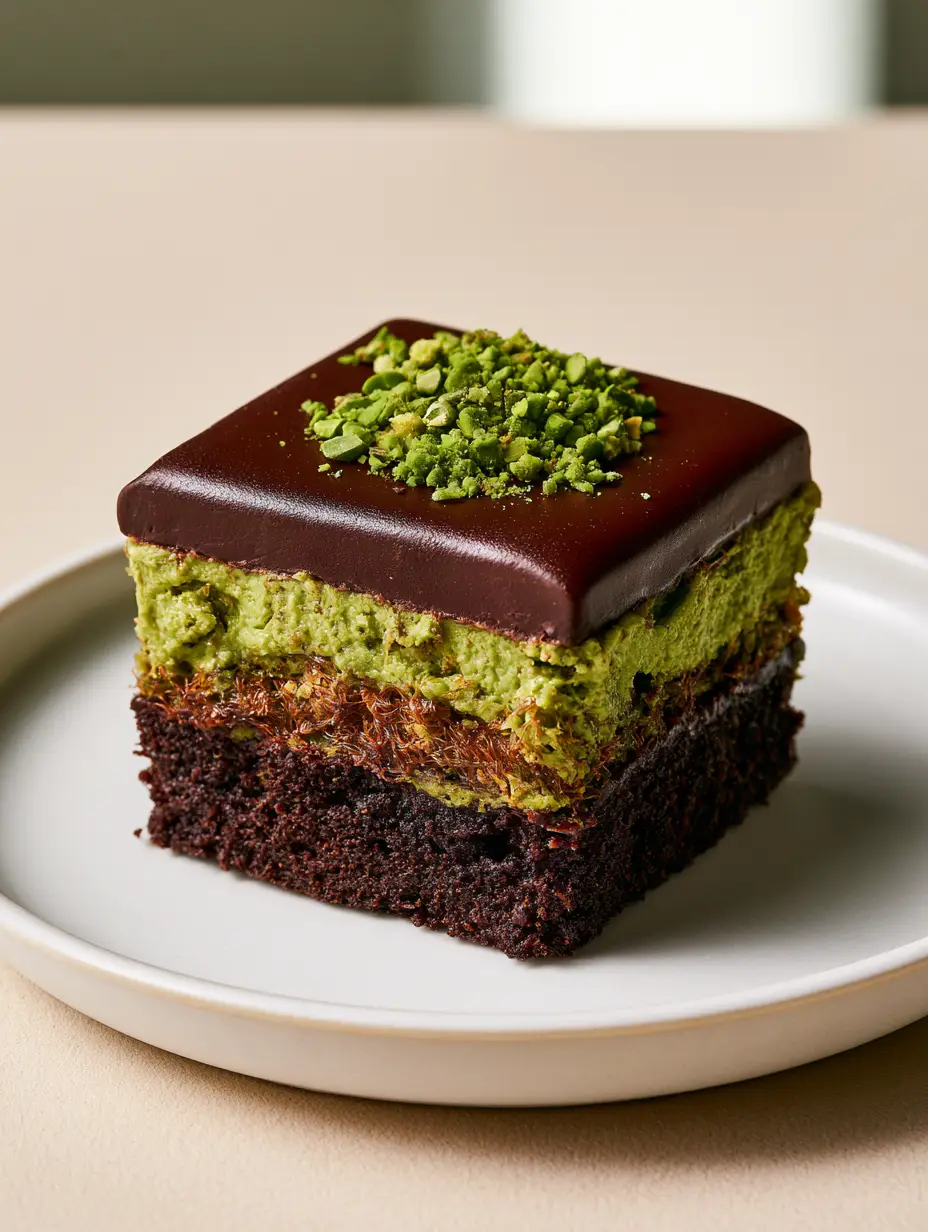 Dubai Chocolate Pistachio Cake: The Ultimate Viral Crunch Cake 3 Close-up eye-level view of a slice of Dubai Chocolate Pistachio Cake with visible kunafa strands and pistachio cream.