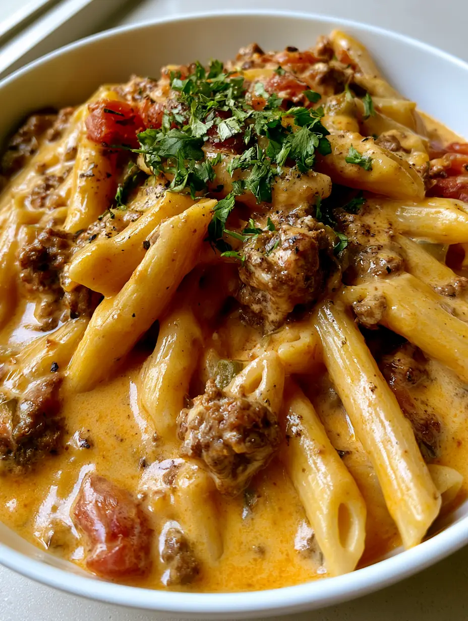 A handheld photo of Rotel Pasta Fiesta in a white bowl with cilantro garnish. (Rotel Pasta Recipe)