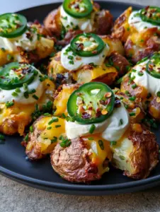Close up of smashed red potatoes with golden brown crispy edges, melted cheese, and jalapeno rounds. (Jalapeno Popper Smashed Potatoes)
