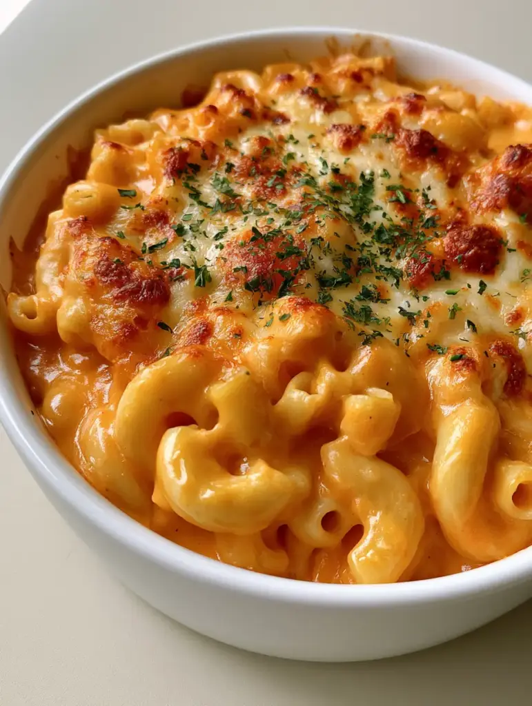High-angle view of glossy orange cheese sauce covering elbow macaroni in a white casserole dish. (Baked Macaroni and Cheese)