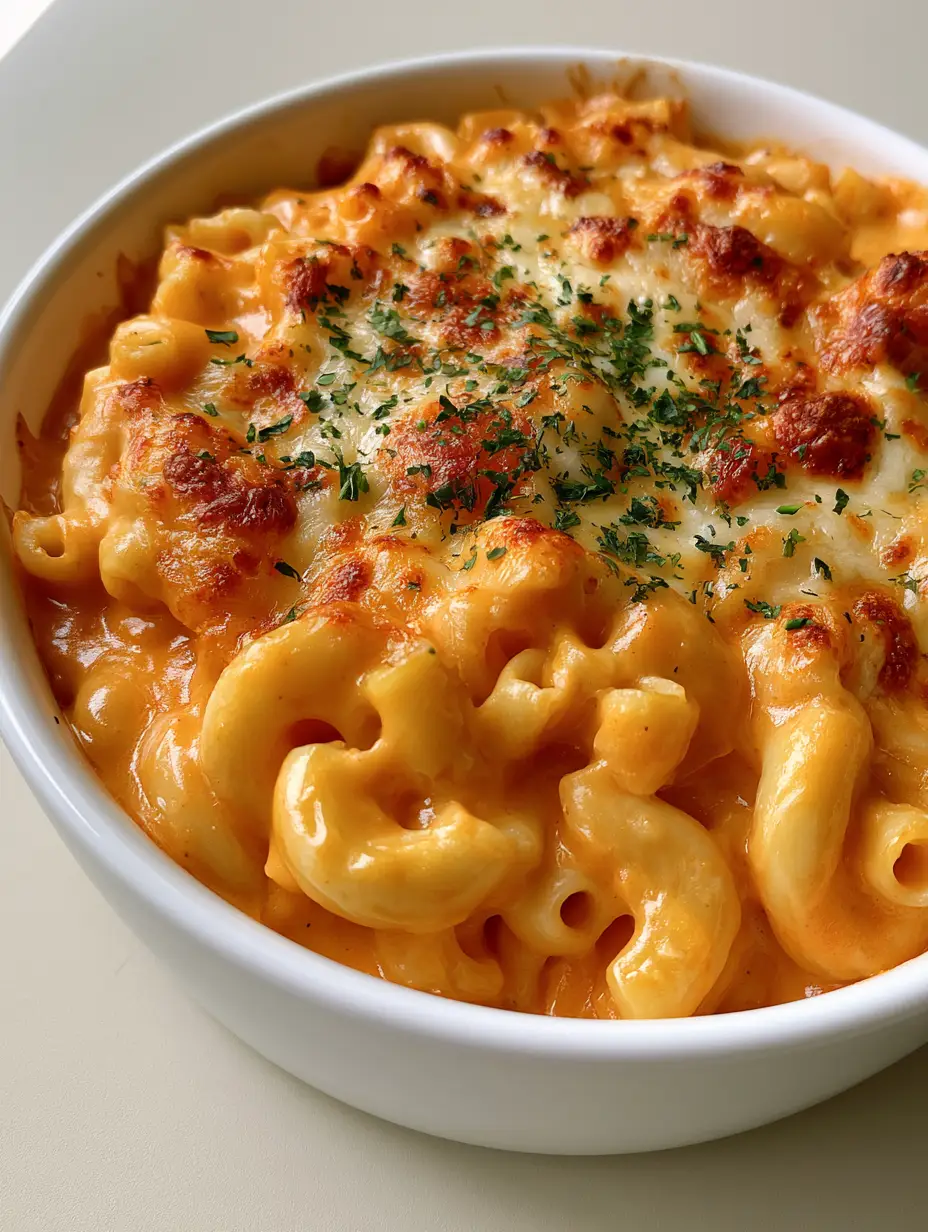Baked Macaroni and Cheese with Toasted Bubbly Cheddar 3 High-angle view of glossy orange cheese sauce covering elbow macaroni in a white casserole dish. (Baked Macaroni and Cheese)