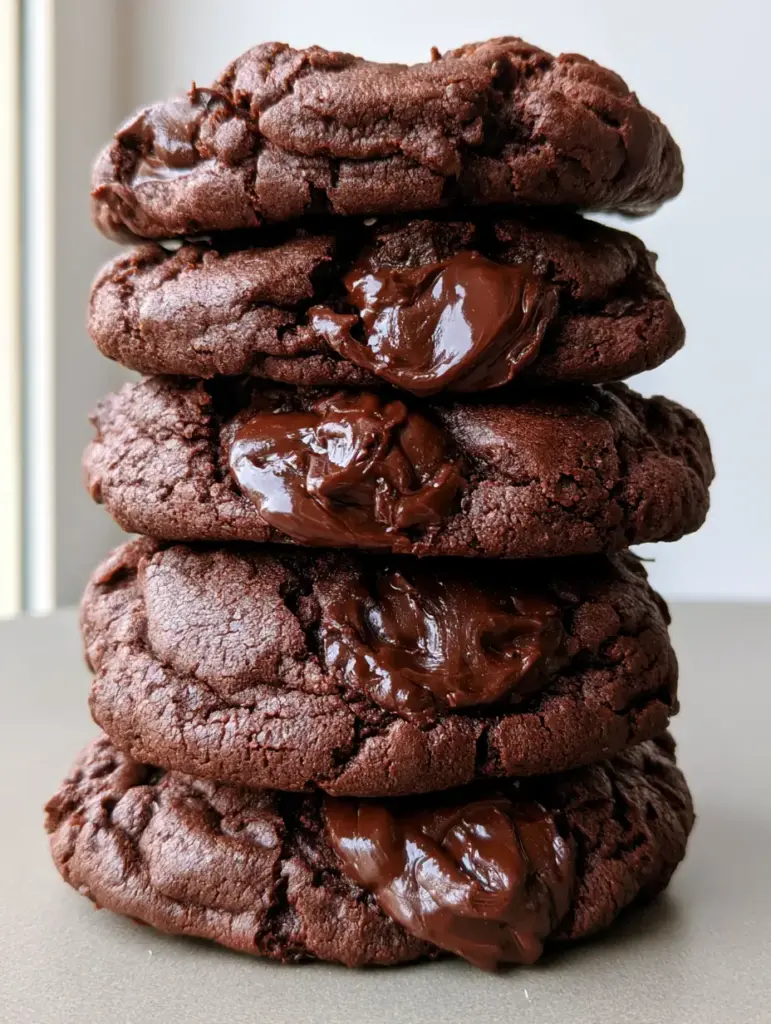 Close-up of Sugar-Free Chocolate Cookies showing the deep matte brown dough and viscous chocolate chunks.