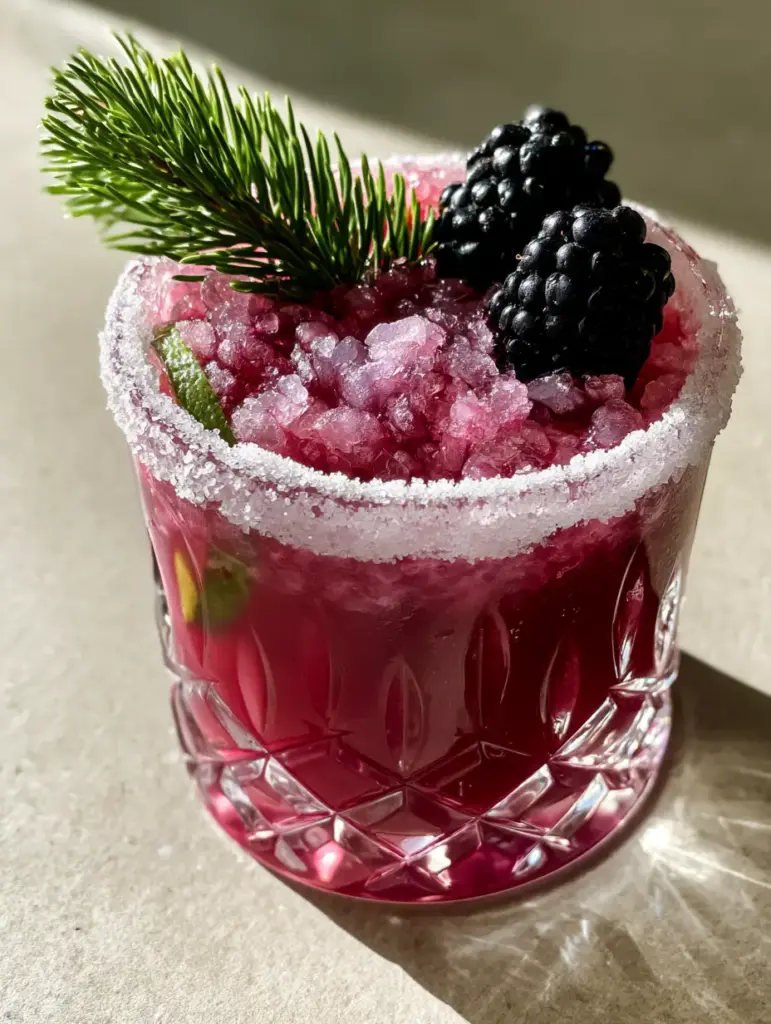 Blackberry Gin Smash: The Ultimate Festive & Refreshing Cocktail 1 A bright green pine sprig and dark blackberries garnish the top of a sugared Blackberry Gin Smash.