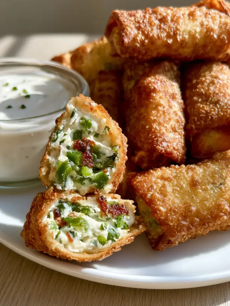 Mini Jalapeno Popper Egg Rolls: The Ultimate Crispy Party Appetizer 1 Close up of a broken Mini Jalapeno Popper Egg Roll showing the melted cream cheese, green jalapenos, and reddish bacon.