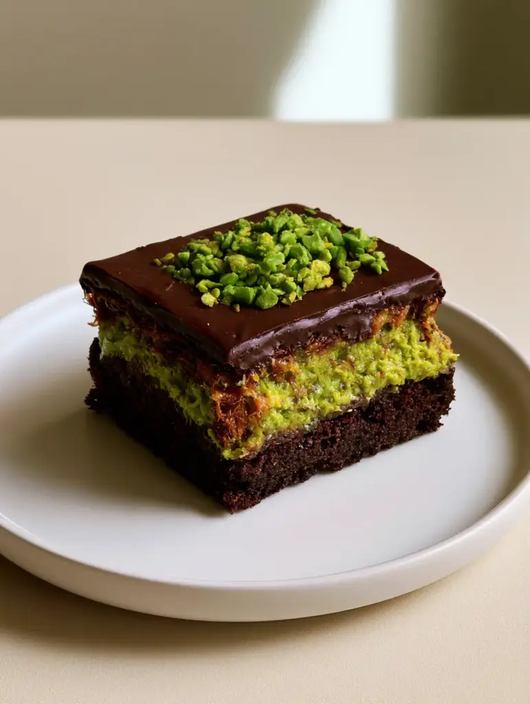 Dubai Chocolate Pistachio Cake: The Ultimate Viral Crunch Cake 1 Top-down view of Dubai Chocolate Pistachio Cake topped with dark chocolate ganache and chopped raw pistachios.