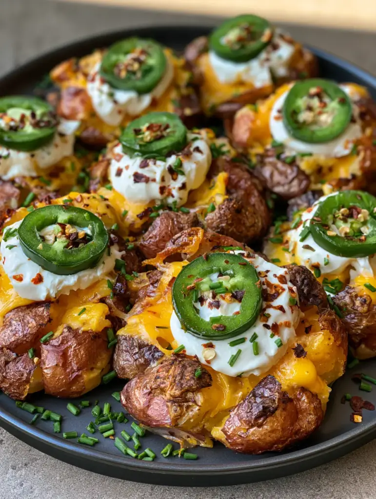 A top-down view of a plate of Jalapeno Popper Smashed Potatoes garnished with chives and red pepper flakes.
