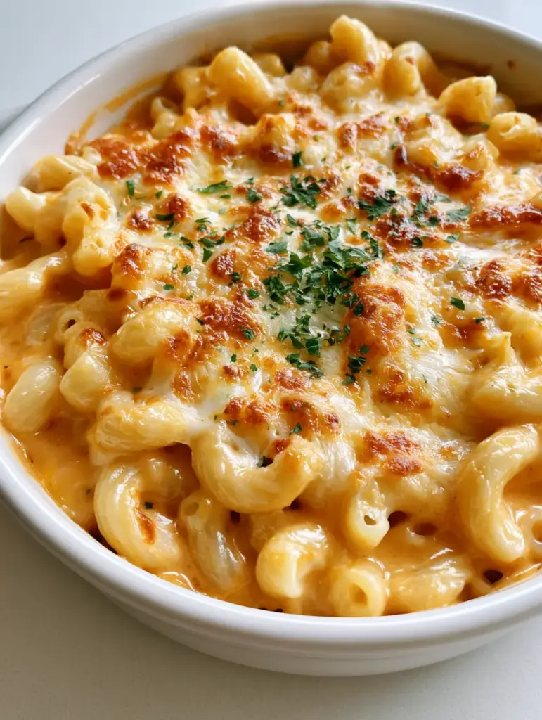 Baked Macaroni and Cheese with Toasted Bubbly Cheddar 1 Detailed shot of golden brown toasted cheese patches on top of Baked Macaroni and Cheese with parsley.
