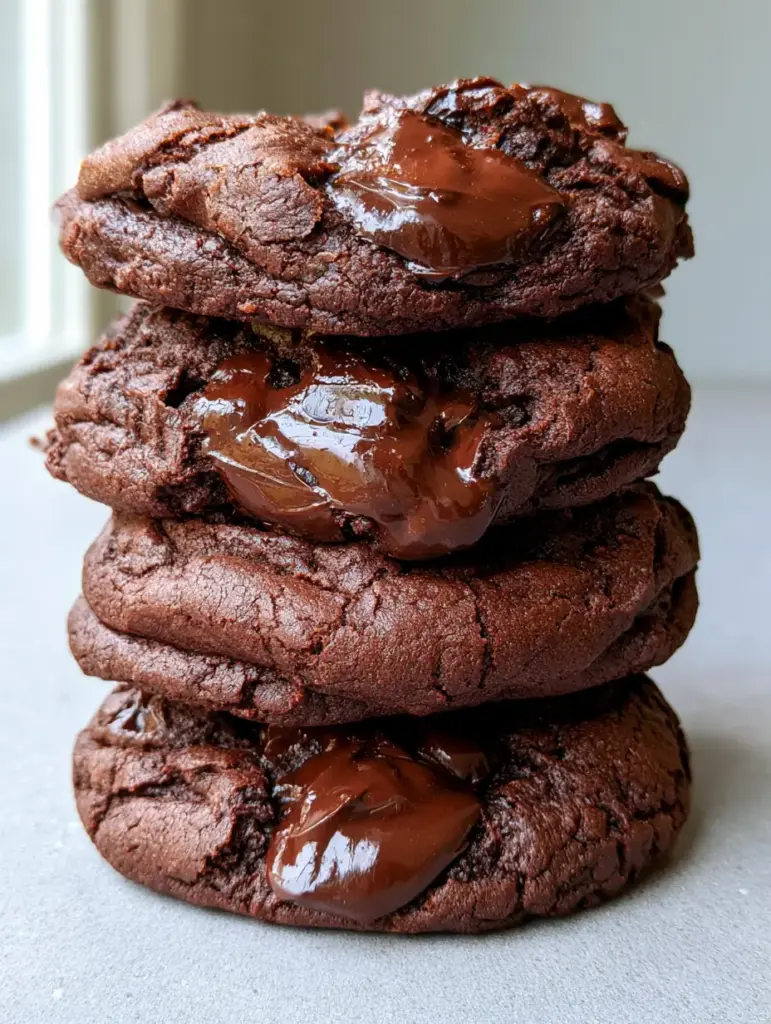Sugar-Free Chocolate Cookies: Fudgy Dark Chocolate Chunk Recipe 1 A side view of stacked Sugar-Free Chocolate Cookies with semi-melted dark chocolate chunks and a cracked surface.