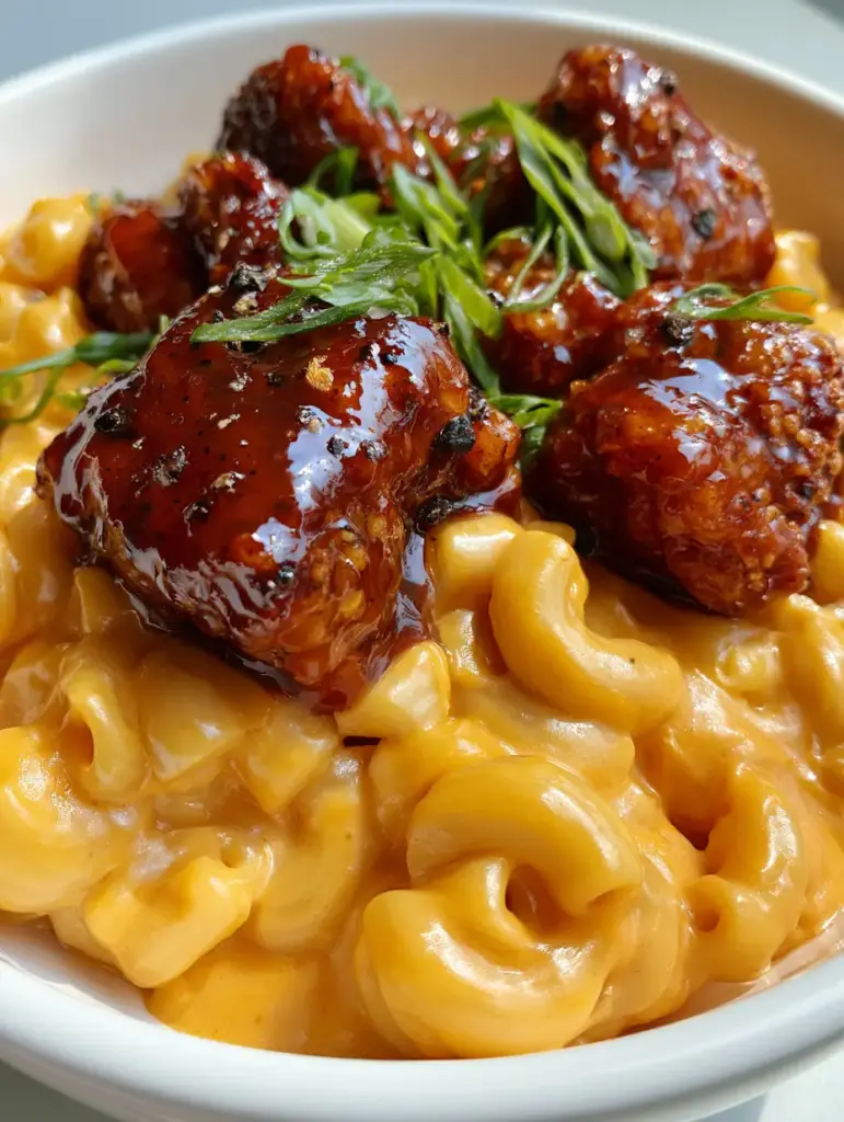 Honey Pepper Chicken and Mac: The Ultimate Creamy and Spicy Comfort Food 2 Close up of glossy mahogany honey pepper chicken bites on top of golden orange cheese sauce and elbow pasta. (Honey Pepper Chicken and Mac)