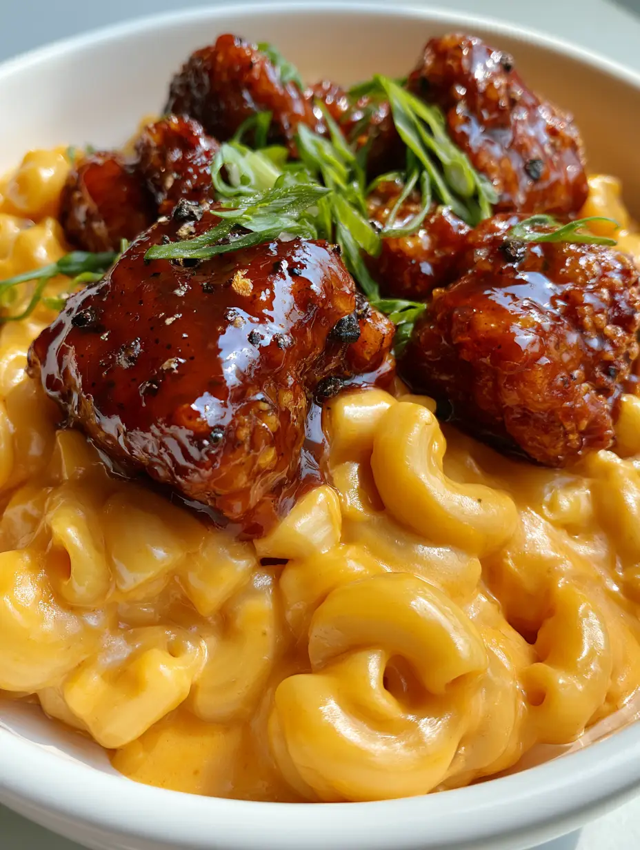 Honey Pepper Chicken and Mac: The Ultimate Creamy and Spicy Comfort Food 4 Close up of glossy mahogany honey pepper chicken bites on top of golden orange cheese sauce and elbow pasta. (Honey Pepper Chicken and Mac)