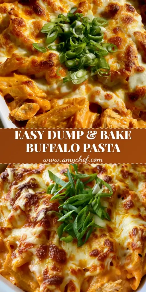Buffalo Chicken Pasta Bake with a Bubbly Cheesy Crust 4 A close-up shot of Buffalo Chicken Pasta bake in a white dish, featuring bubbly melted cheese with golden toasted spots and fresh scallions.