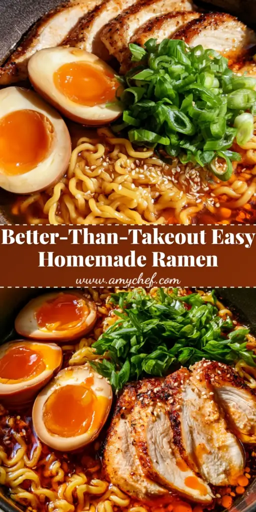 A dark ceramic bowl of Homemade Ramen Recipe featuring curly yellow noodles, reddish-brown broth, and orange jammy eggs.