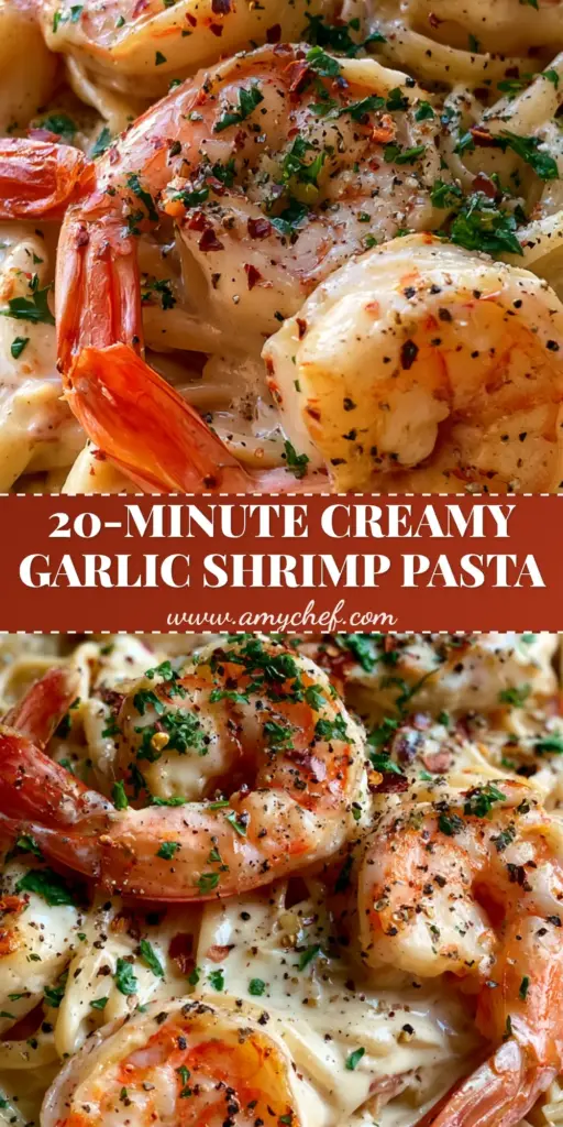 Creamy Garlic Shrimp Pasta: The Ultimate 30-Minute Gourmet Dinner 4 A shallow ceramic bowl of Creamy Garlic Shrimp Pasta with jumbo seared shrimp, red pepper flakes, and fresh parsley garnishes on a neutral kitchen tabletop.