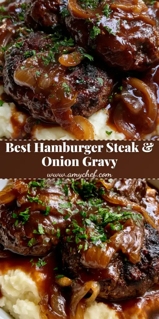 A smartphone photo of Hamburger Steak with Onion Gravy served over creamy mashed potatoes in a white bowl, garnished with parsley.
