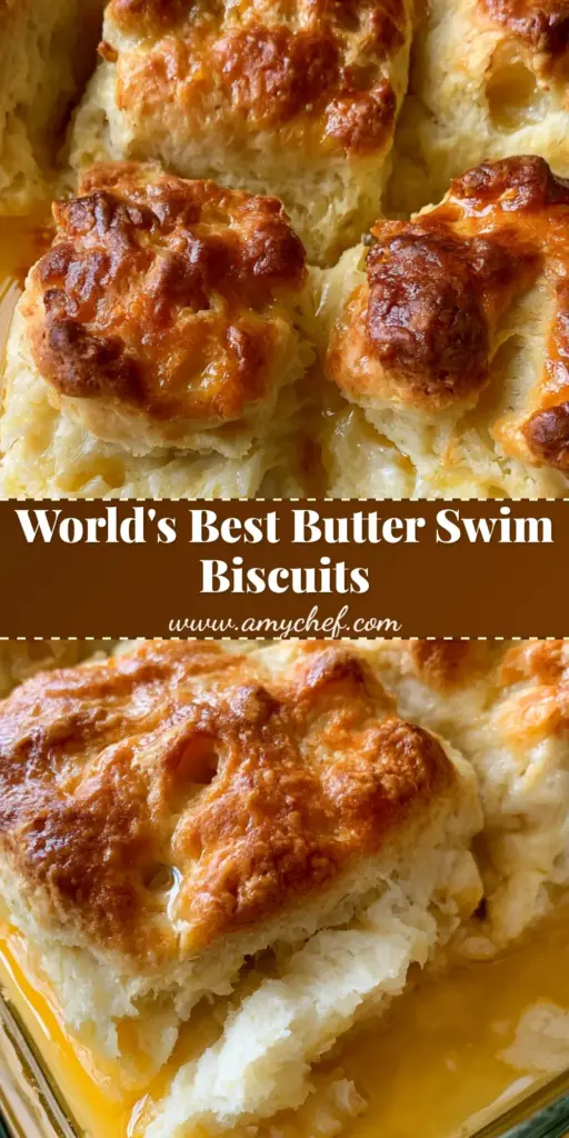 A close-up of thick, square-cut Butter Swim Biscuits with craggy golden tops sitting in a pool of melted yellow butter in a glass dish.