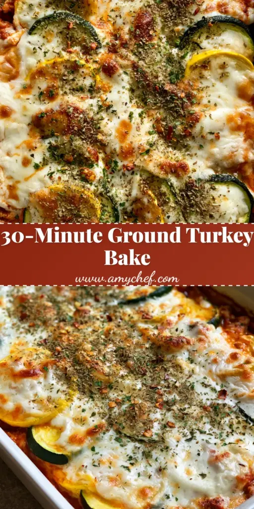 A bubbling Ground Turkey Zucchini Bake in a white ceramic dish with layered green and yellow squash and golden mozzarella cheese.