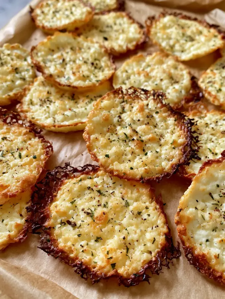 Smartphone photo of thin, brittle Cottage Cheese Chips spread across brown parchment paper.