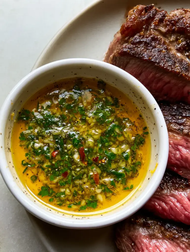 Top-down view of vibrant golden Cowboy Butter Sauce in a ramekin with garlic and herbs.