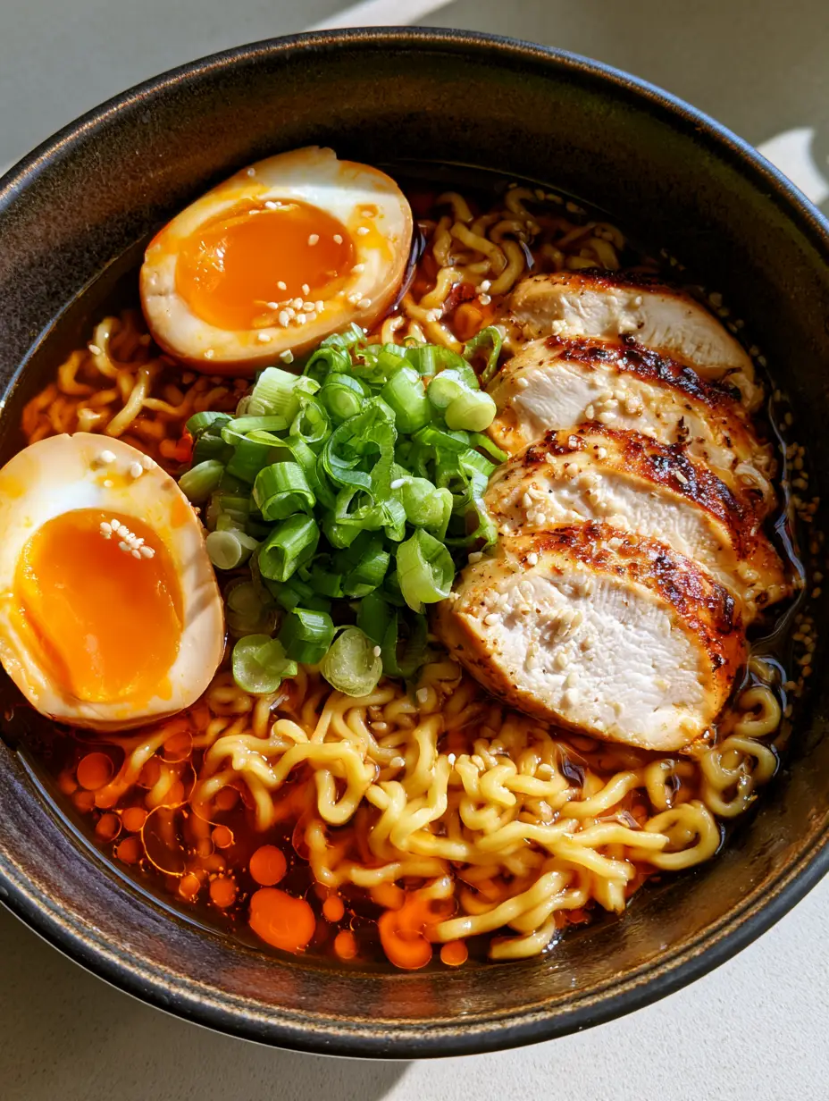 Close-up of Homemade Ramen Recipe showing droplets of orange chili oil on a reddish-brown savory broth surface.
