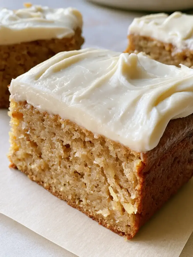 Smartphone photo of thick-cut banana bread brownies showing the moist golden-tan crumb and opaque white frosting.