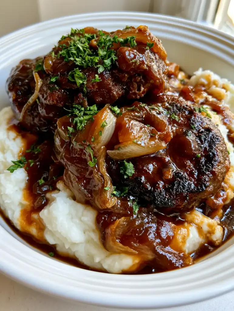 Close up view of two oval beef patties seared and charred, covered in dark mahogany onion gravy. (Hamburger Steak with Onion Gravy)