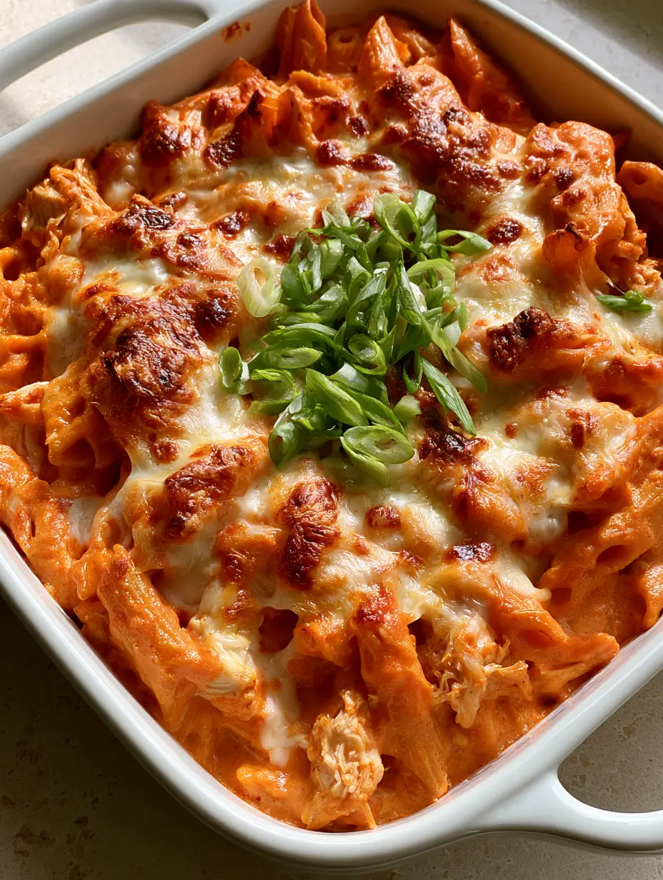 Buffalo Chicken Pasta Bake with a Bubbly Cheesy Crust 3 Top-down view of Buffalo Chicken Pasta bake showing the vibrant orange sauce and melted mozzarella and cheddar cheese.