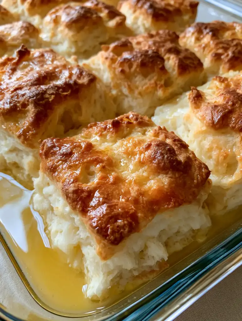 Top-down view of golden brown Butter Swim Biscuits showing airy texture and melted butter pool.