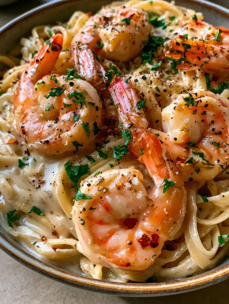 Smartphone photo of linguine coated in a glossy white garlic cream sauce with vibrant pink seared shrimp. (Creamy Garlic Shrimp Pasta)