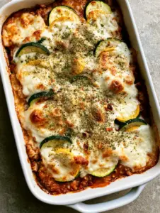 Top-down view of a Ground Turkey Zucchini Bake featuring alternating green and yellow squash slices covered in melted mozzarella.