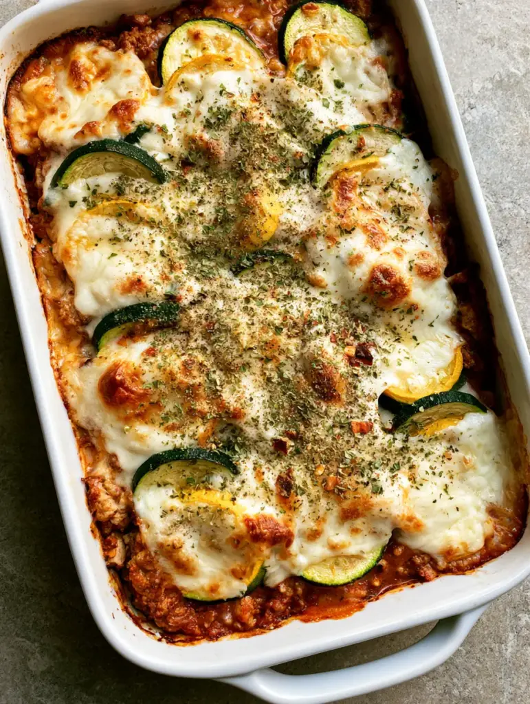 Top-down view of a Ground Turkey Zucchini Bake featuring alternating green and yellow squash slices covered in melted mozzarella.