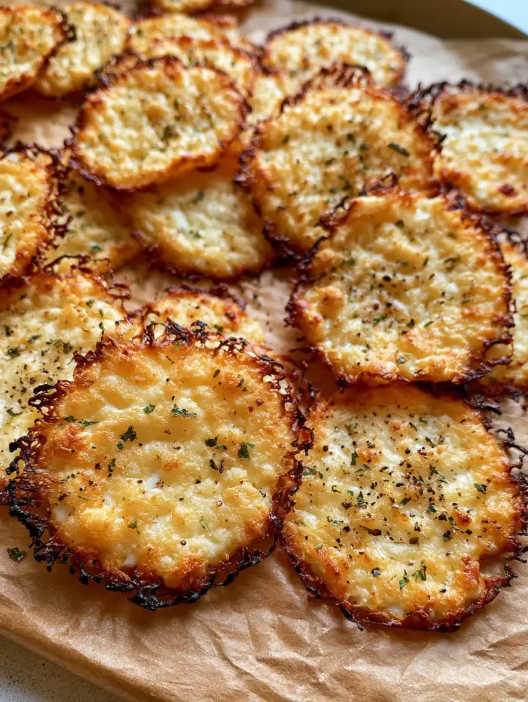 Close-up of baked cottage cheese rounds with dried green herb flakes and cracked black pepper.