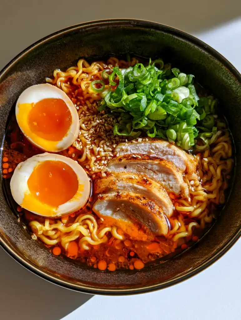 A top-down view of Homemade Ramen Recipe highlighting the golden-brown seared chicken and fresh green scallions.