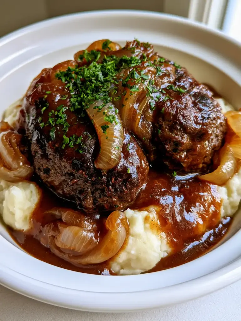 Visual of translucent caramelized onions within a thick brown gravy, served over white mashed potatoes.