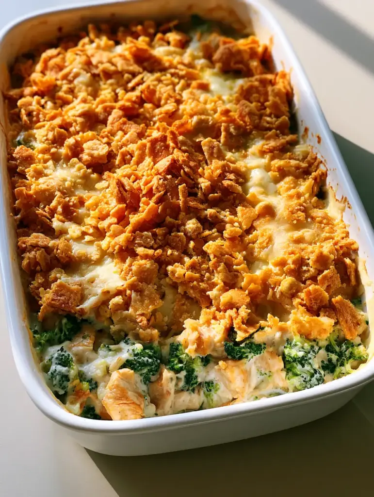 A smartphone-style photo of a creamy Chicken Broccoli Casserole in a white dish, showing chunks of chicken and bright green broccoli florets.