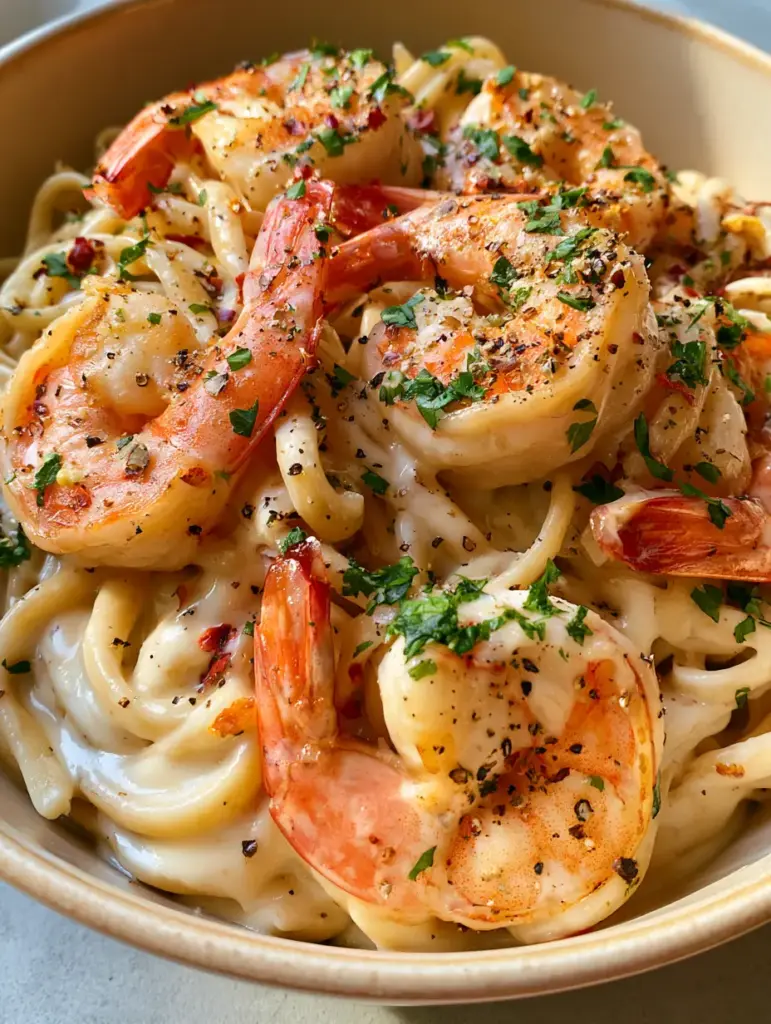 Creamy Garlic Shrimp Pasta: The Ultimate 30-Minute Gourmet Dinner 1 Overhead view of Creamy Garlic Shrimp Pasta garnished with cracked black pepper and red chili flakes in a ceramic bowl.