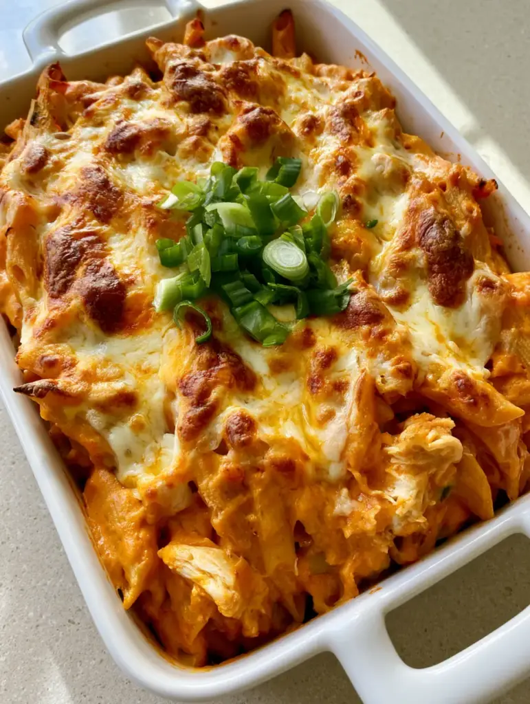 Buffalo Chicken Pasta Bake with a Bubbly Cheesy Crust 1 Angled smartphone photo of cheesy buffalo chicken pasta with toasted cheese spots and green scallion garnish.