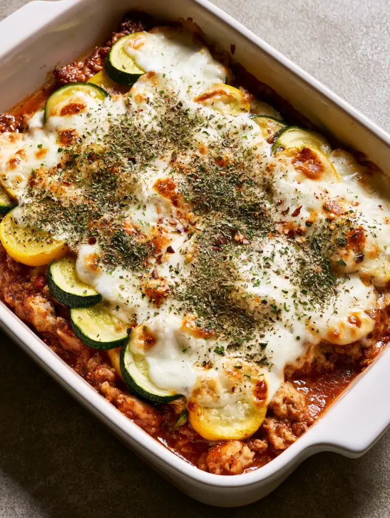 A smartphone-style photo of a Ground Turkey Zucchini Bake on a grey stone countertop, highlighting the herb garnish and bubbly cheese.