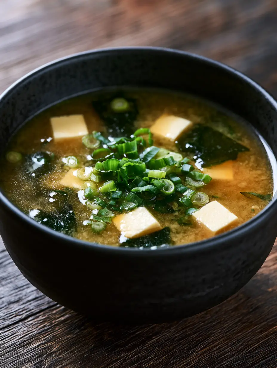 Close up of cloudy miso suspension in a dark amber dashi broth for Miso Soup Recipe.