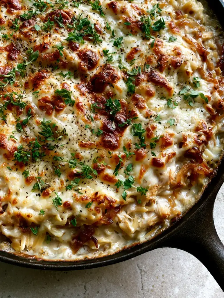 Golden brown toasted cheese spots on a bed of French onion chicken orzo topped with fresh thyme.