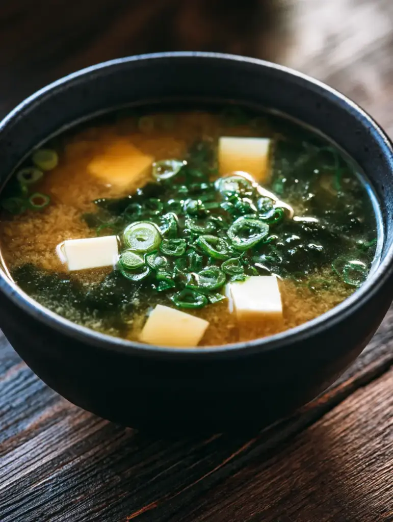 Uniform cubes of white silken tofu and dark green wakame seaweed in Miso Soup Recipe.