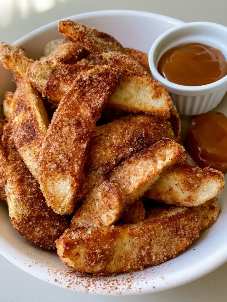 A smartphone photo of Air Fryer Apple Fries served in a white bowl under natural light.
